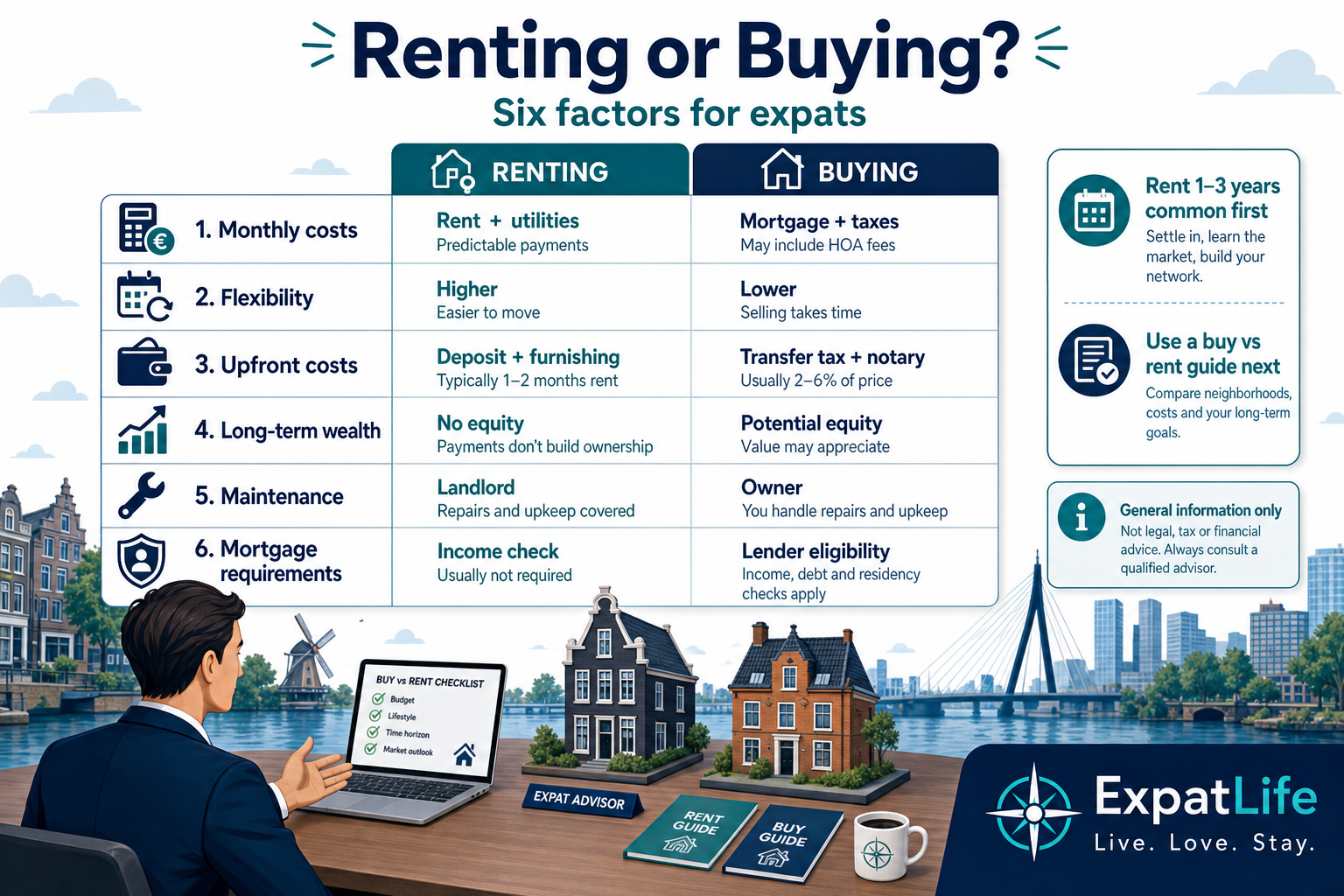 Premium infographic comparing renting versus buying in the Netherlands for expats.