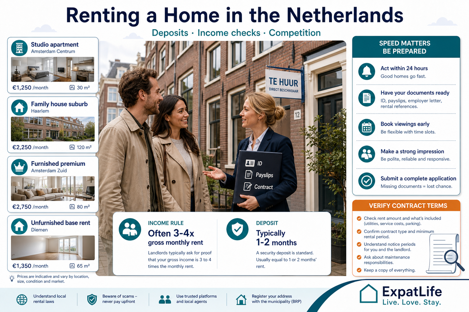 Premium infographic explaining renting apartments and houses in the Netherlands.