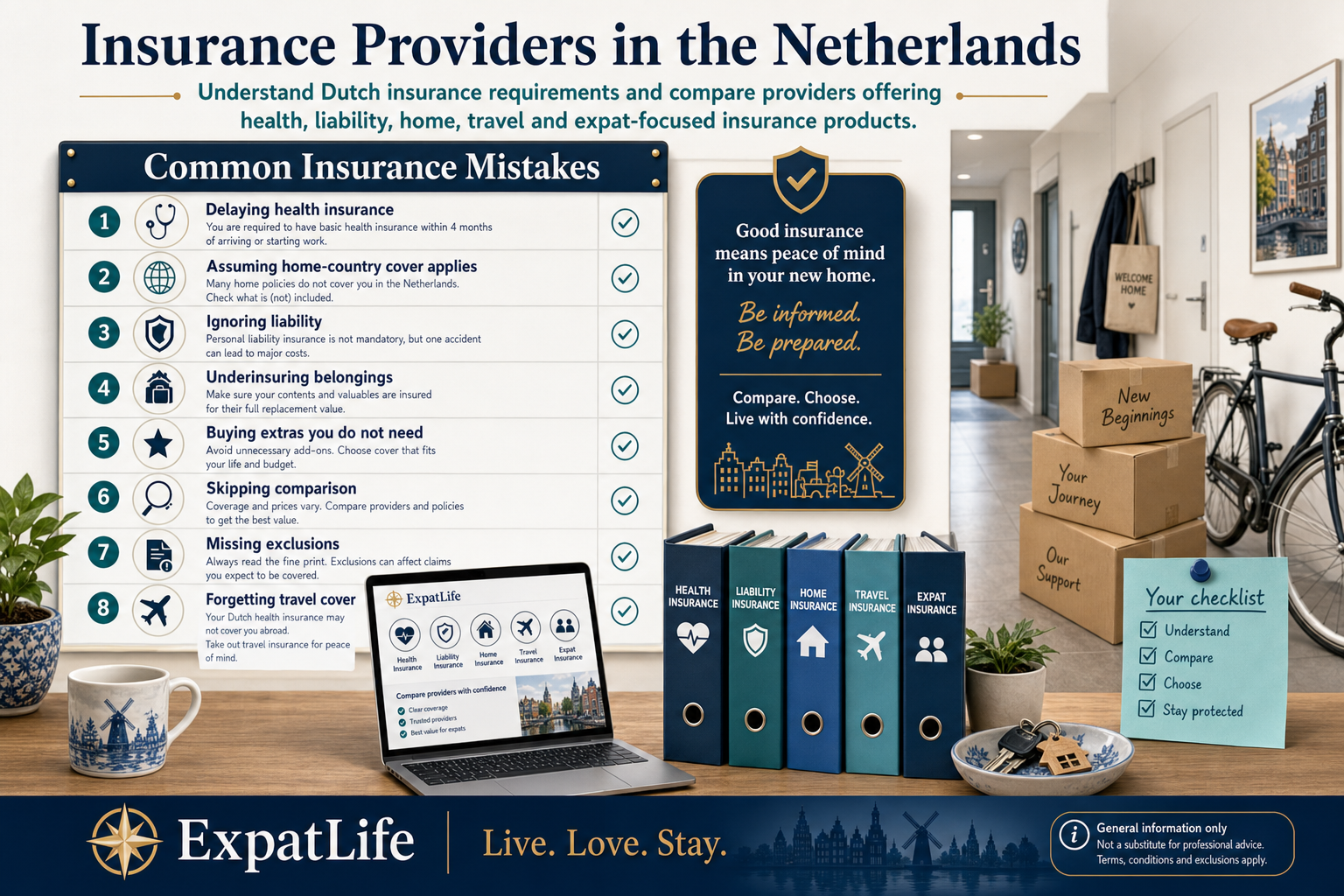 Premium infographic checklist of common expat insurance mistakes including delaying health insurance, assuming home-country cover applies and missing exclusions.