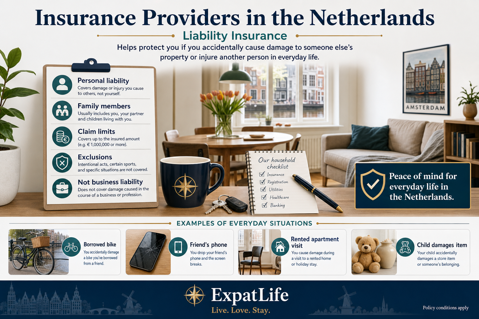 Premium infographic explaining liability insurance with household checklist items for personal liability, family members, claim limits, exclusions and business-liability separation.