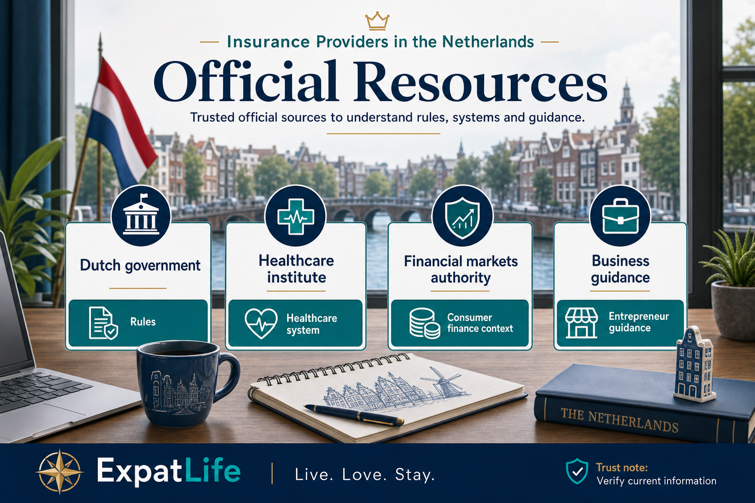 Premium infographic showing official resource categories for Dutch government rules, healthcare system information, financial markets context and business guidance.