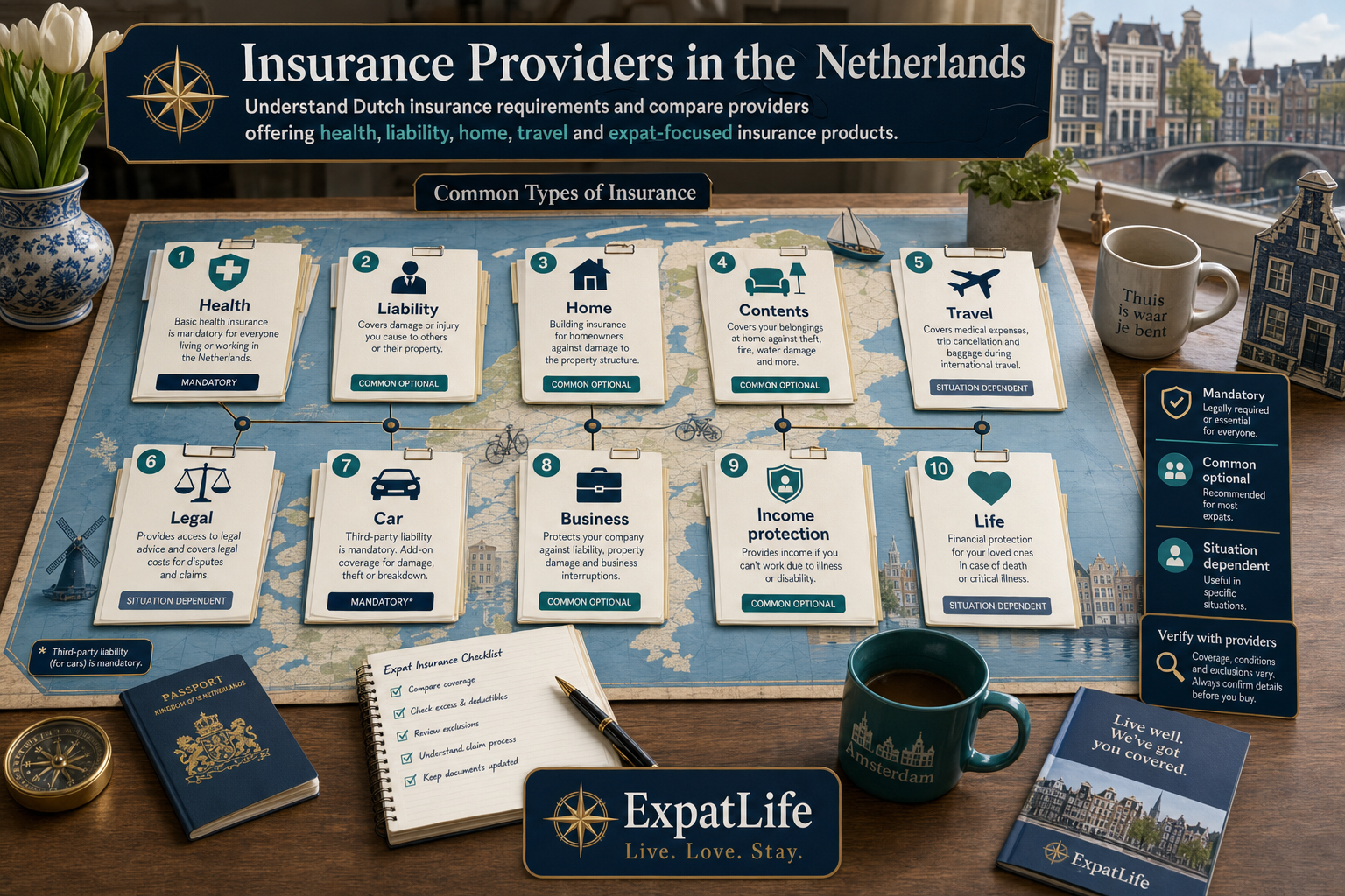 Premium infographic map of common Dutch insurance types including health, liability, home, contents, travel, legal, car, business, income protection and life insurance.