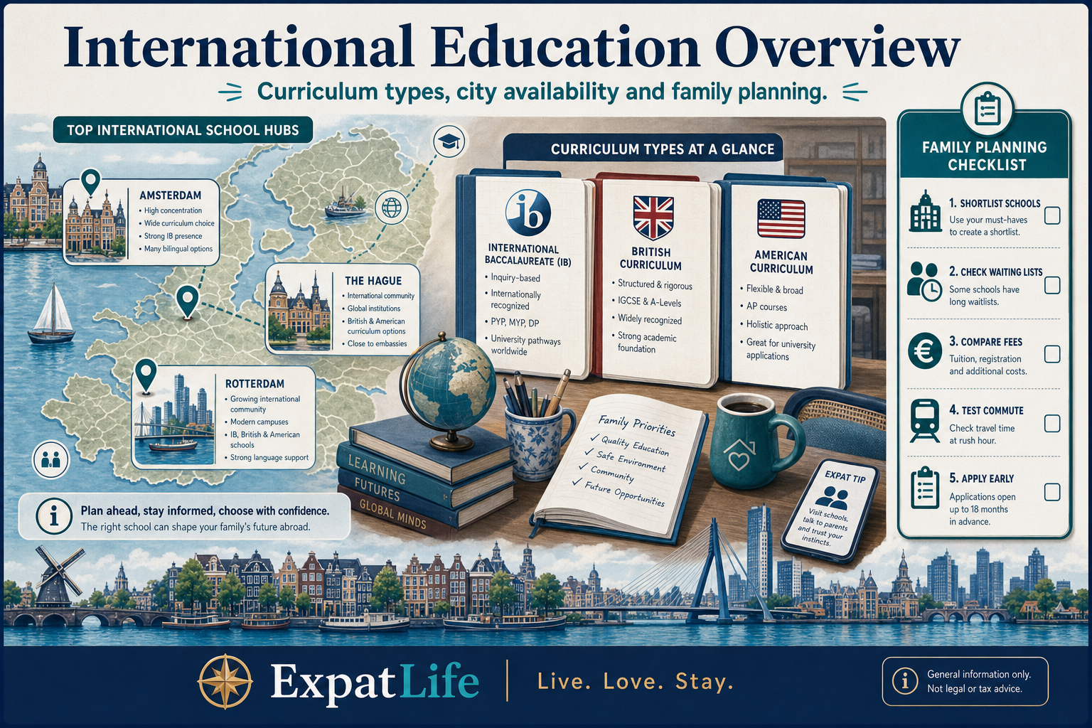 Premium infographic overview of international education in the Netherlands with curriculum types, city availability and a family planning checklist rail.