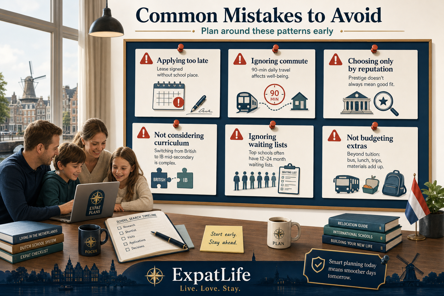Premium common mistakes board covering late applications, commute blind spots, reputation-only choices and fee underestimation.