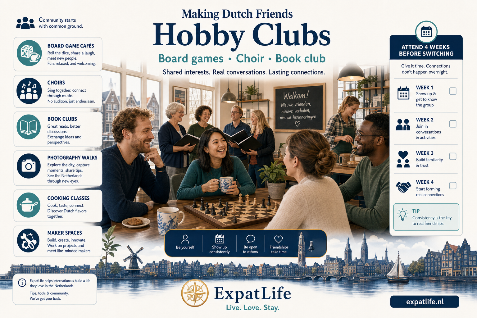 Premium hobby club grid — board games, choirs, book clubs, photography walks, cooking and maker spaces.