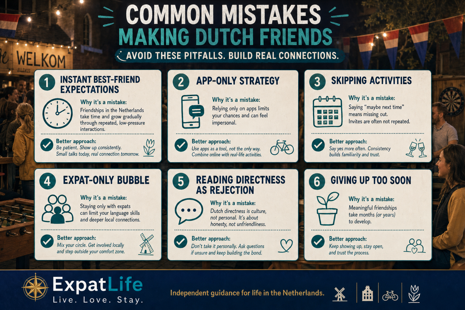 Premium mistake board — trying every app, leaving before borrel, expecting instant closeness, expat-only events, skipping follow-up and quitting at week three.