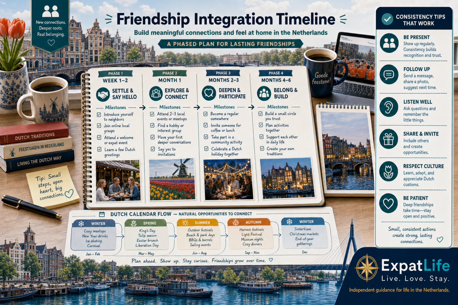 Premium month-by-month timeline — weeks 1–4 orientation, weeks 5–8 familiarity, months 3–6 deepening, months 6–12 local circles with milestone markers.