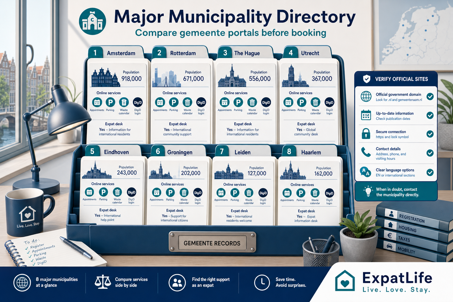 Premium infographic directory of major Dutch municipality websites.