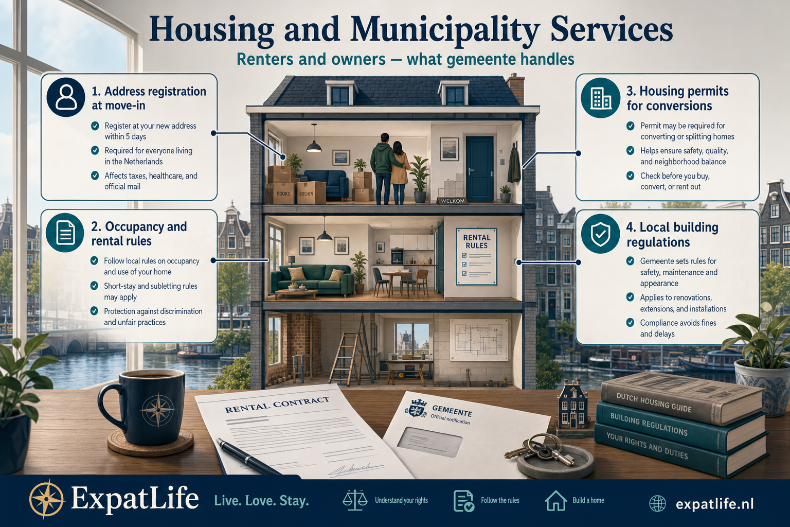 Premium infographic connecting housing and municipality services in the Netherlands.