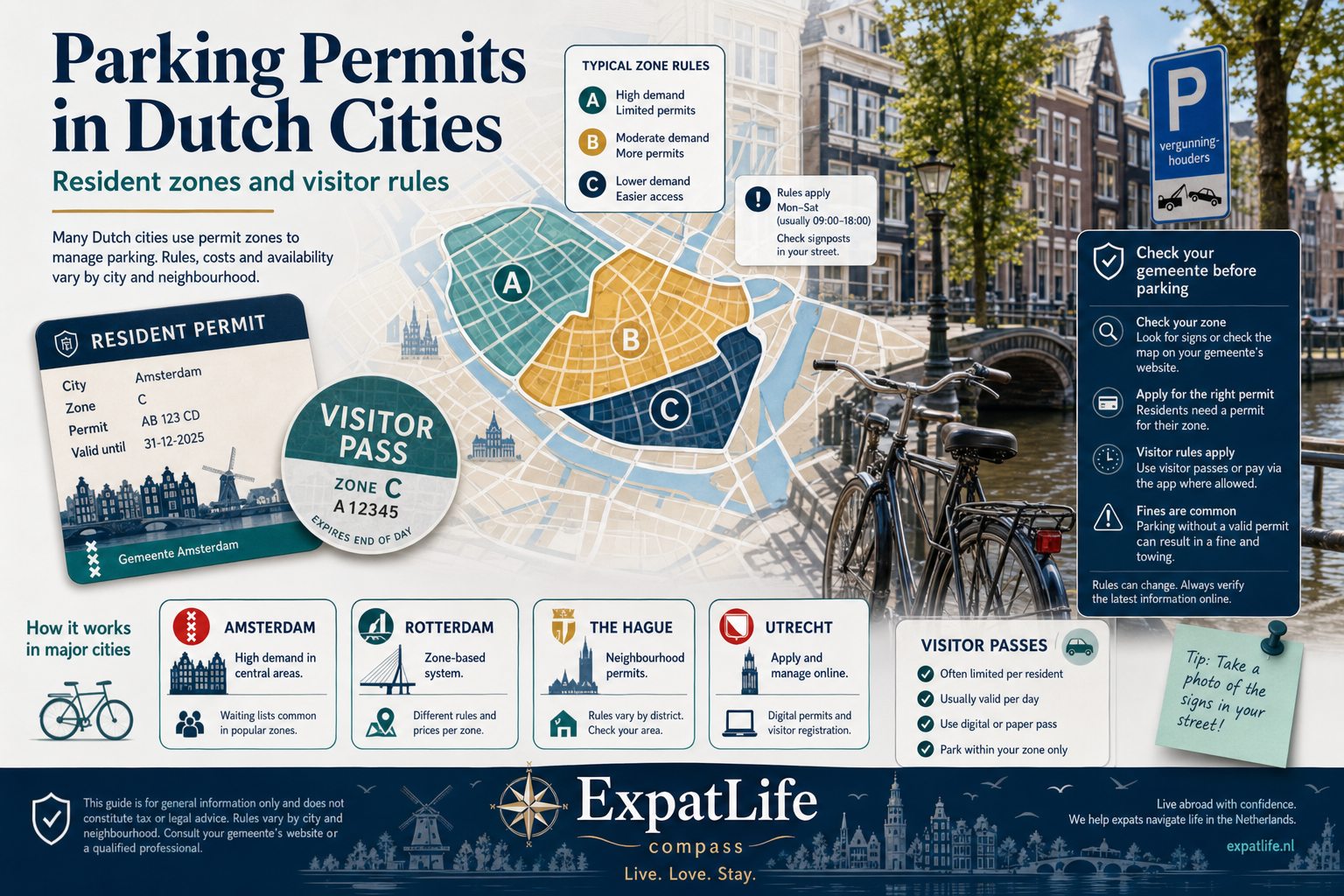 Premium infographic explaining resident parking permits in Dutch cities.