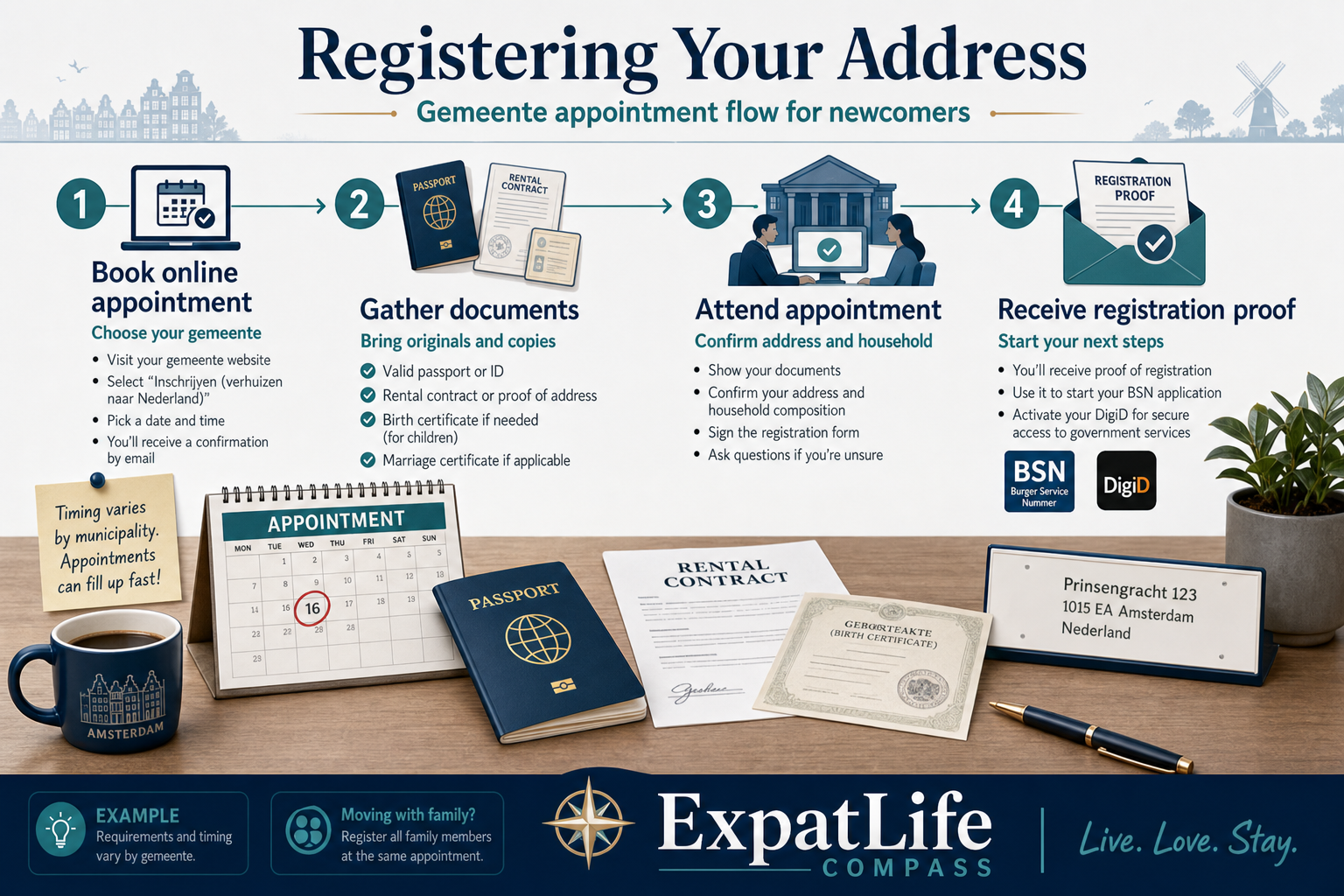 Premium infographic explaining address registration at the Dutch municipality.