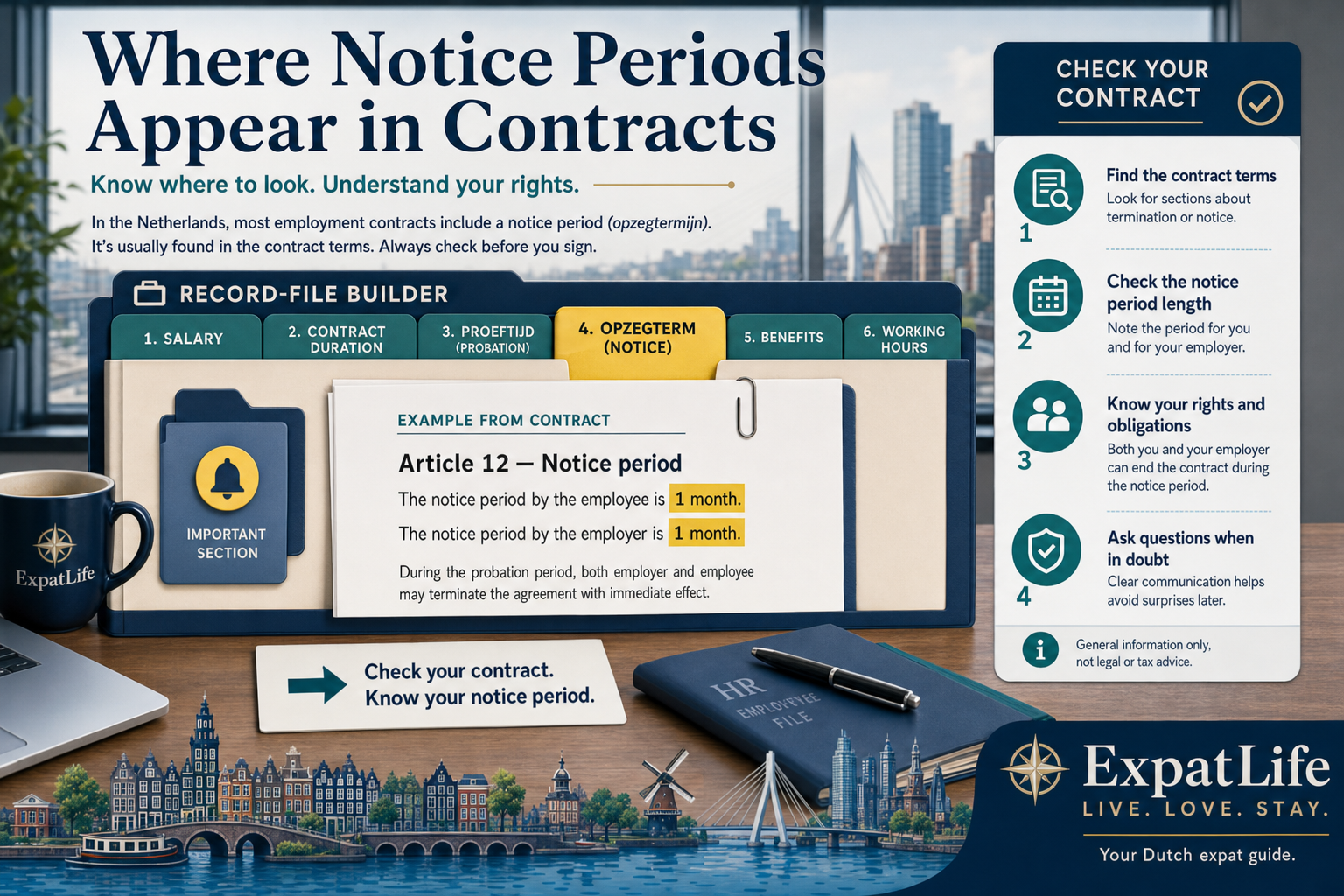 Infographic showing where notice periods appear in Dutch employment contracts alongside salary, duration, probation and benefits.