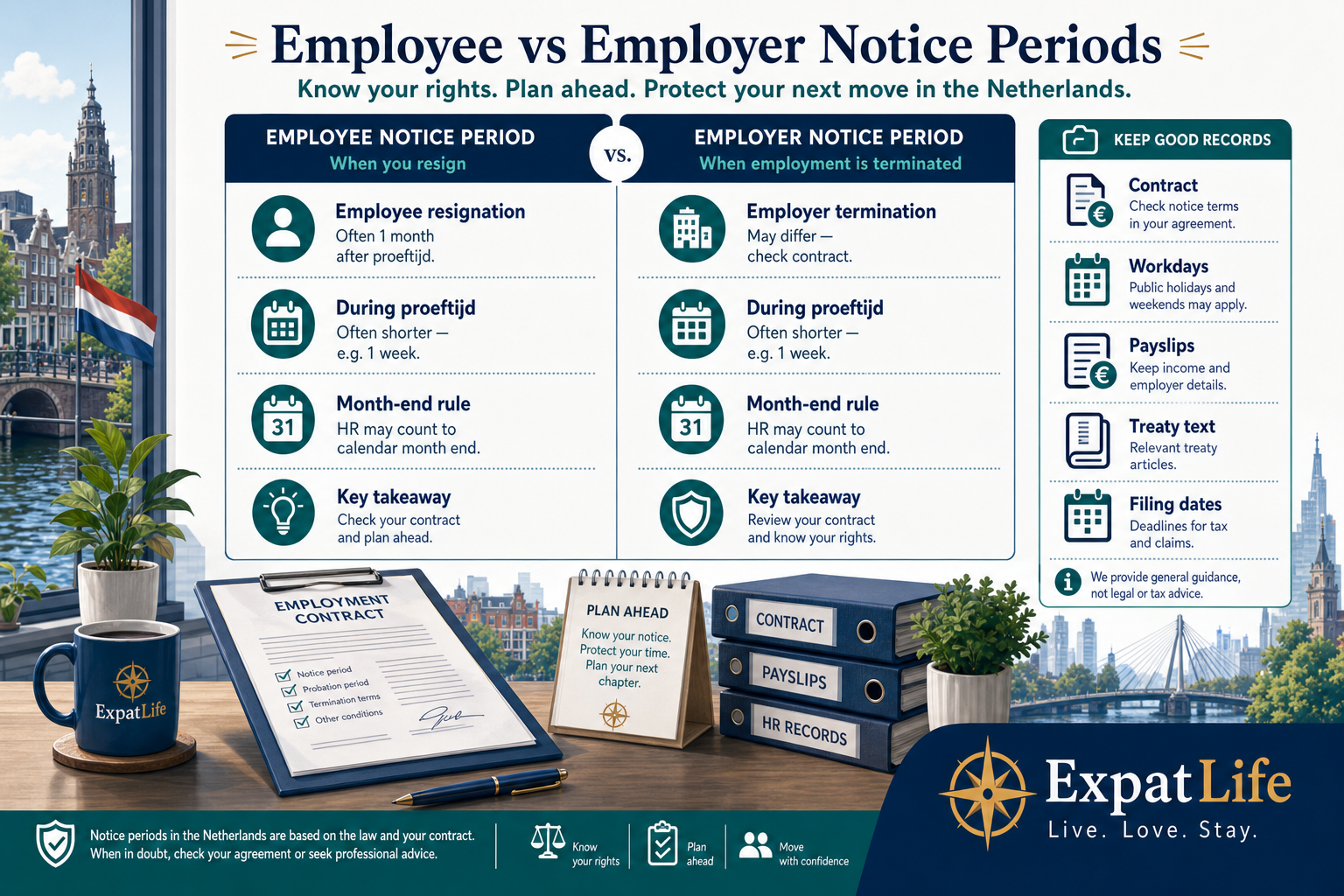 Infographic comparing employee and employer notice obligations in Dutch employment contracts with asymmetric notice examples.