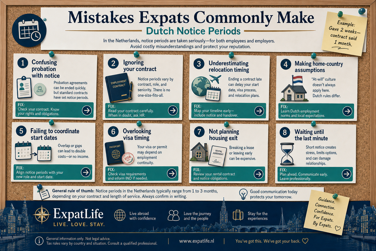 Infographic of common expat mistakes around Dutch notice periods including confusing probation, ignoring contracts and poor relocation coordination.