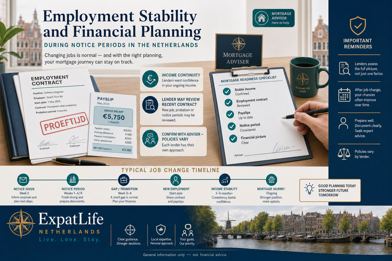 Infographic explaining how career transitions and notice periods may intersect with mortgage and financial planning for expats in the Netherlands.