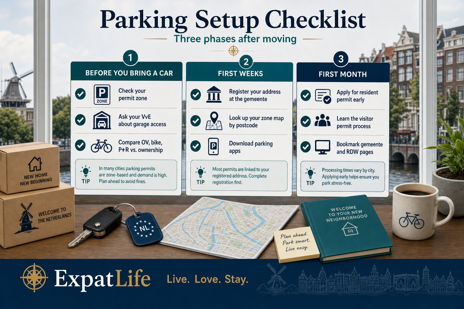 Three-phase parking setup checklist — before bringing a car, first weeks and first month after moving.