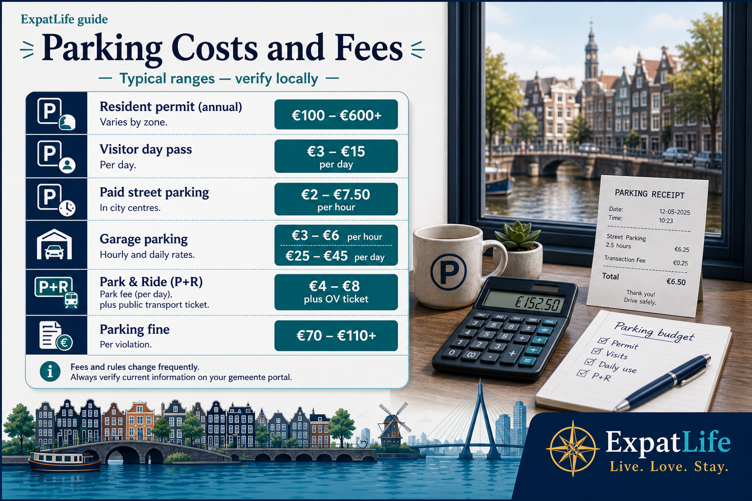 Parking cost table infographic — resident permits, visitor passes, hourly parking, garages, P+R and fine ranges with verify disclaimer.