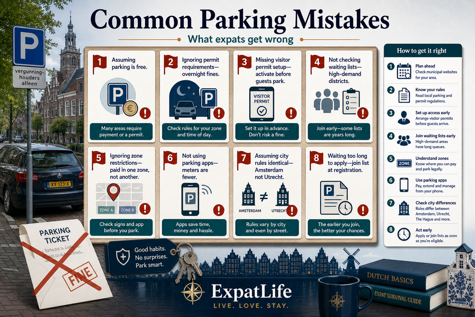 Eight common expat parking mistake cards — free parking assumptions, permit ignores, visitor setup and waiting list errors.