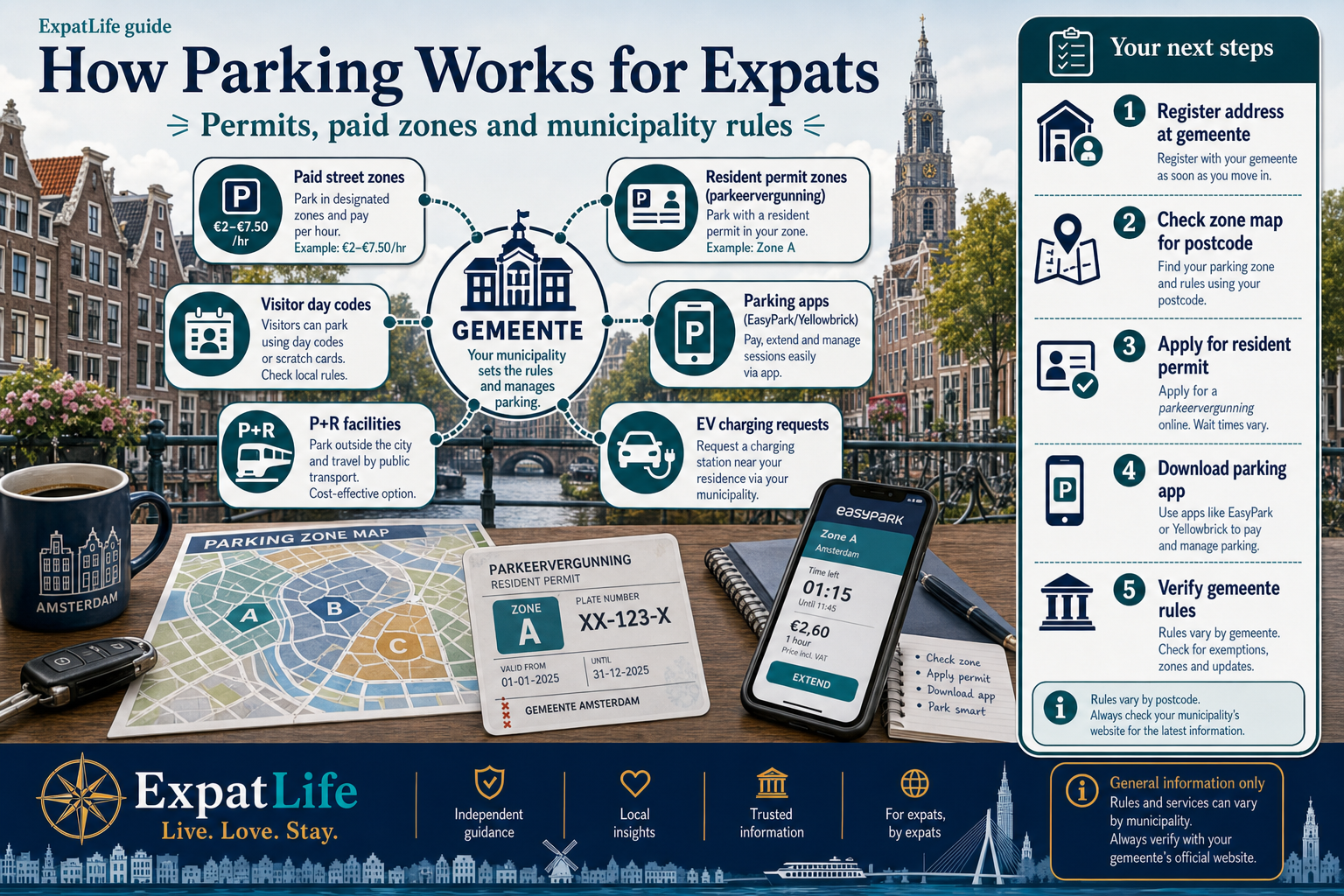Editorial infographic showing how parking works for expats in the Netherlands — gemeente hub with paid zones, resident permits, visitor codes, parking apps, P+R and EV charging, plus a five-step checklist rail.