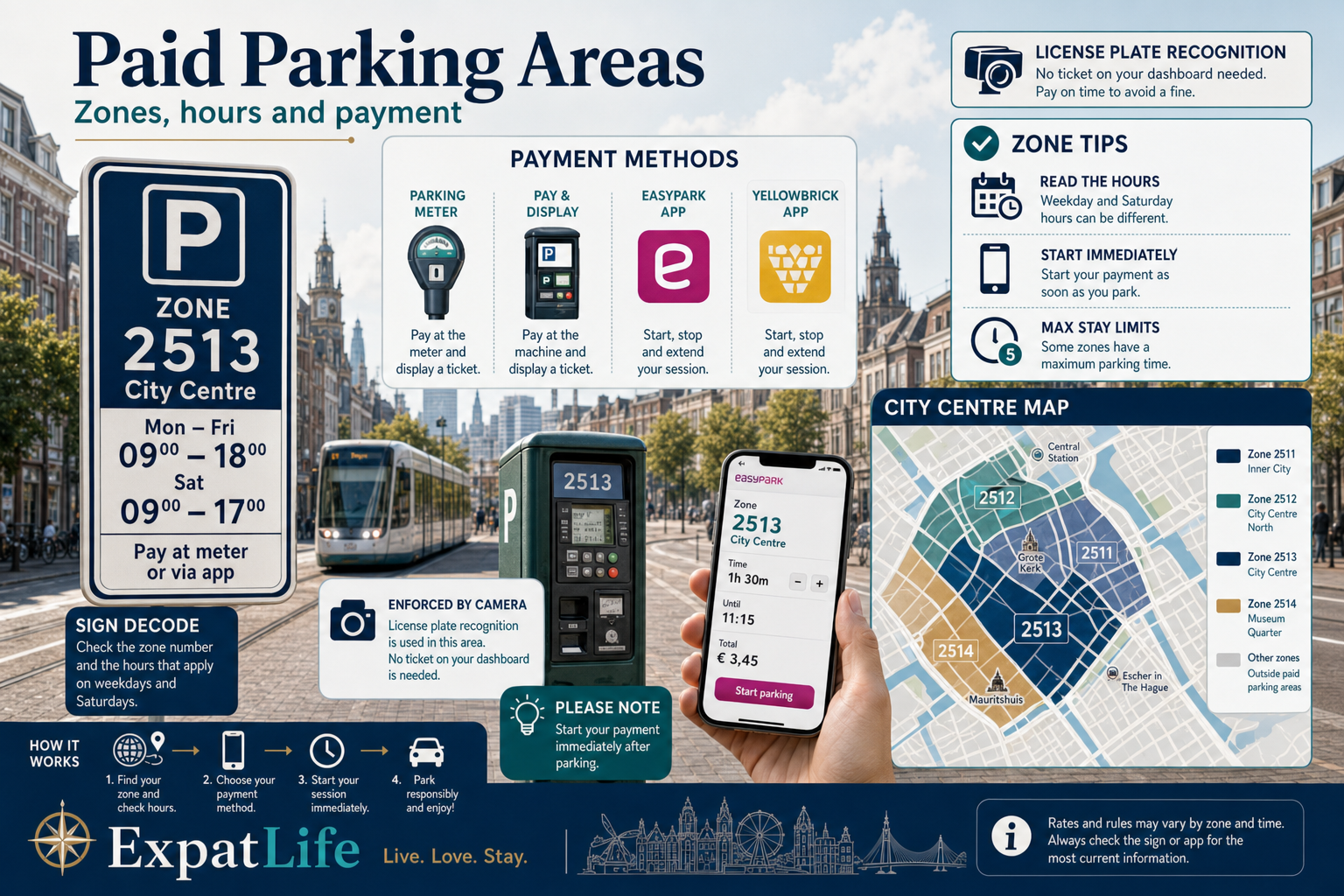 Paid parking zone sign decode infographic with payment methods, zone hours and license plate enforcement notes.