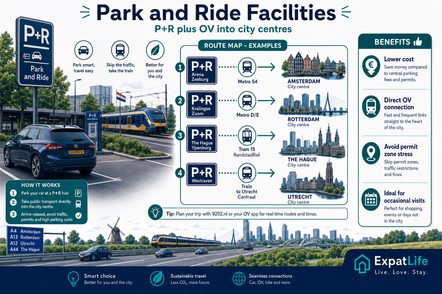 Park-and-ride route map for Amsterdam, Rotterdam, The Hague and Utrecht showing OV connections from edge parking.