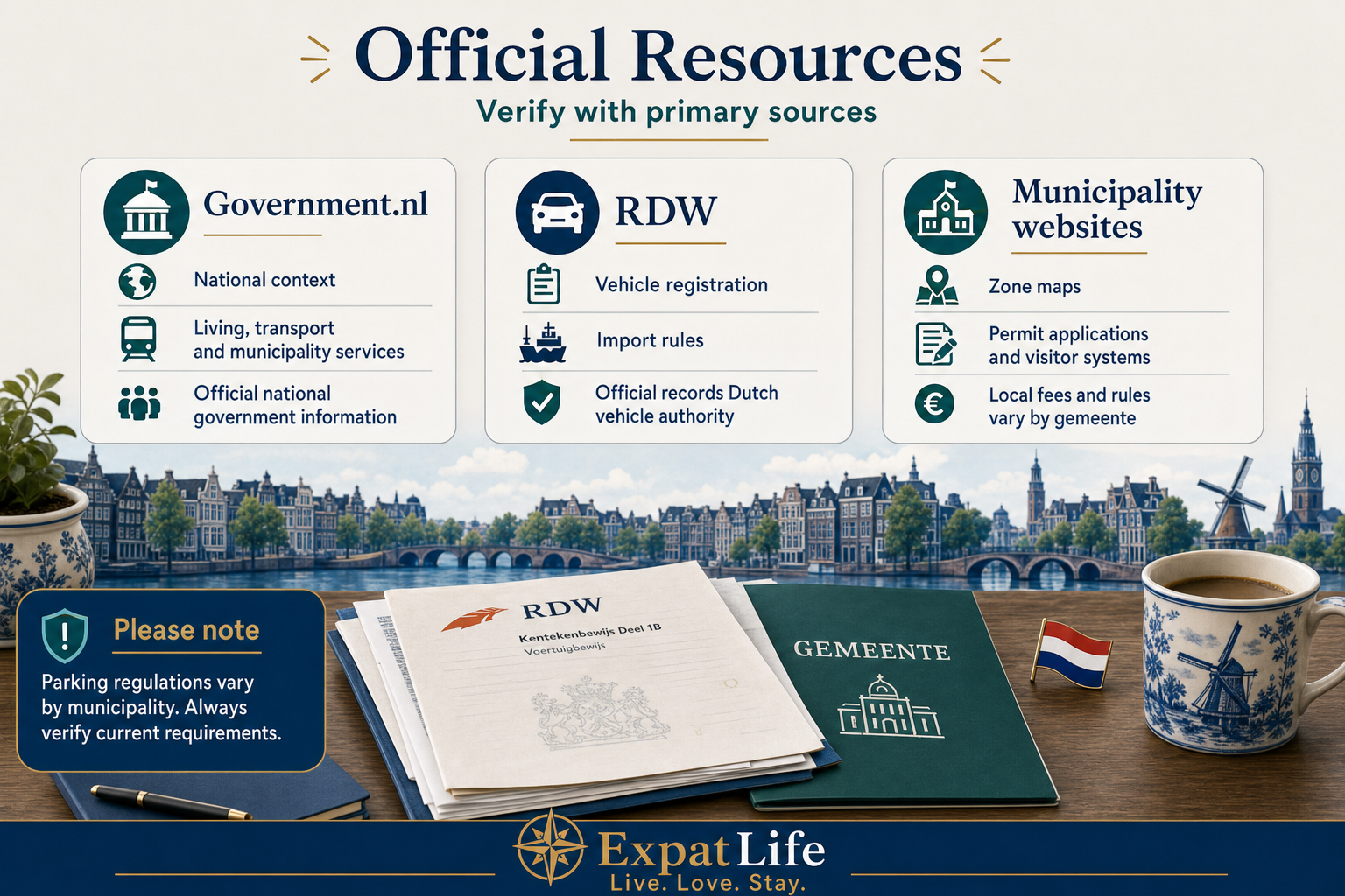 Official resources stack — Government.nl, RDW vehicle papers and gemeente folder with verification disclaimer.
