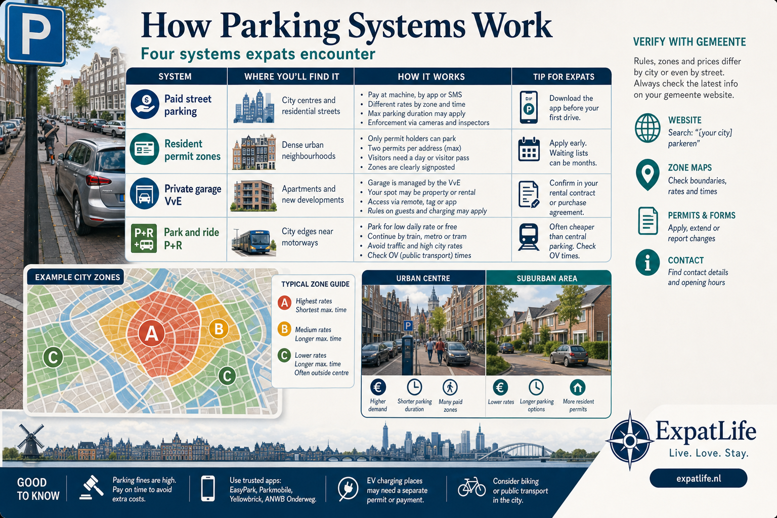 Four-system comparison infographic — paid street parking, resident permit zones, private garage or VvE parking, and park-and-ride with expat tips.