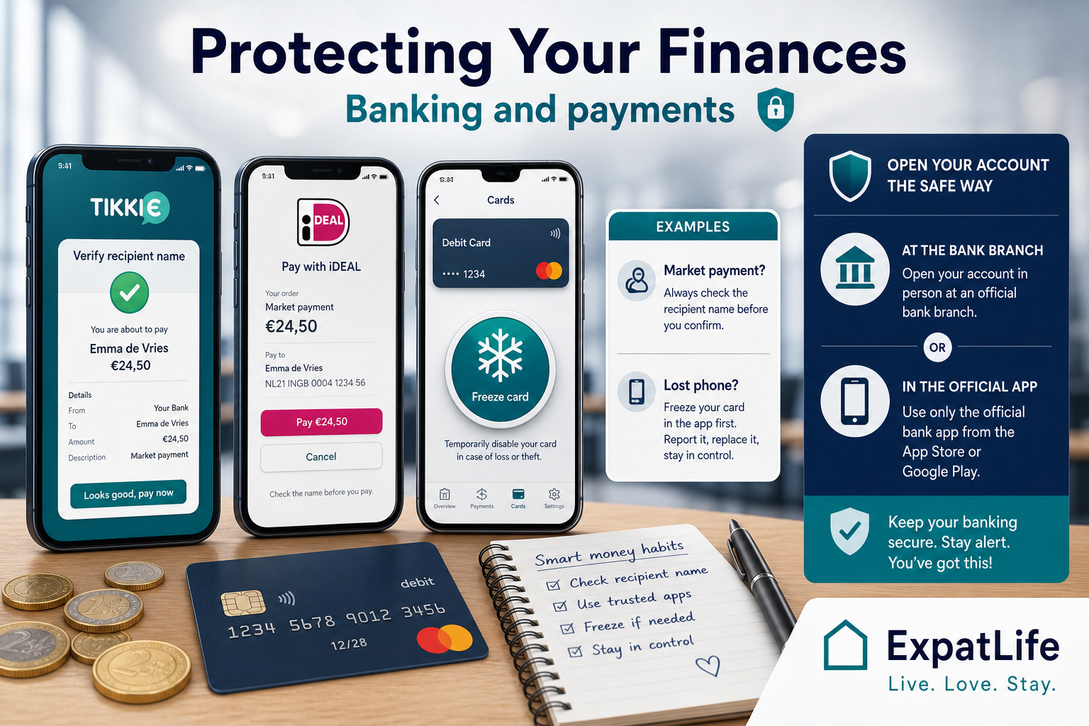 Premium payment verification desk with Tikkie name checks and card freeze steps.