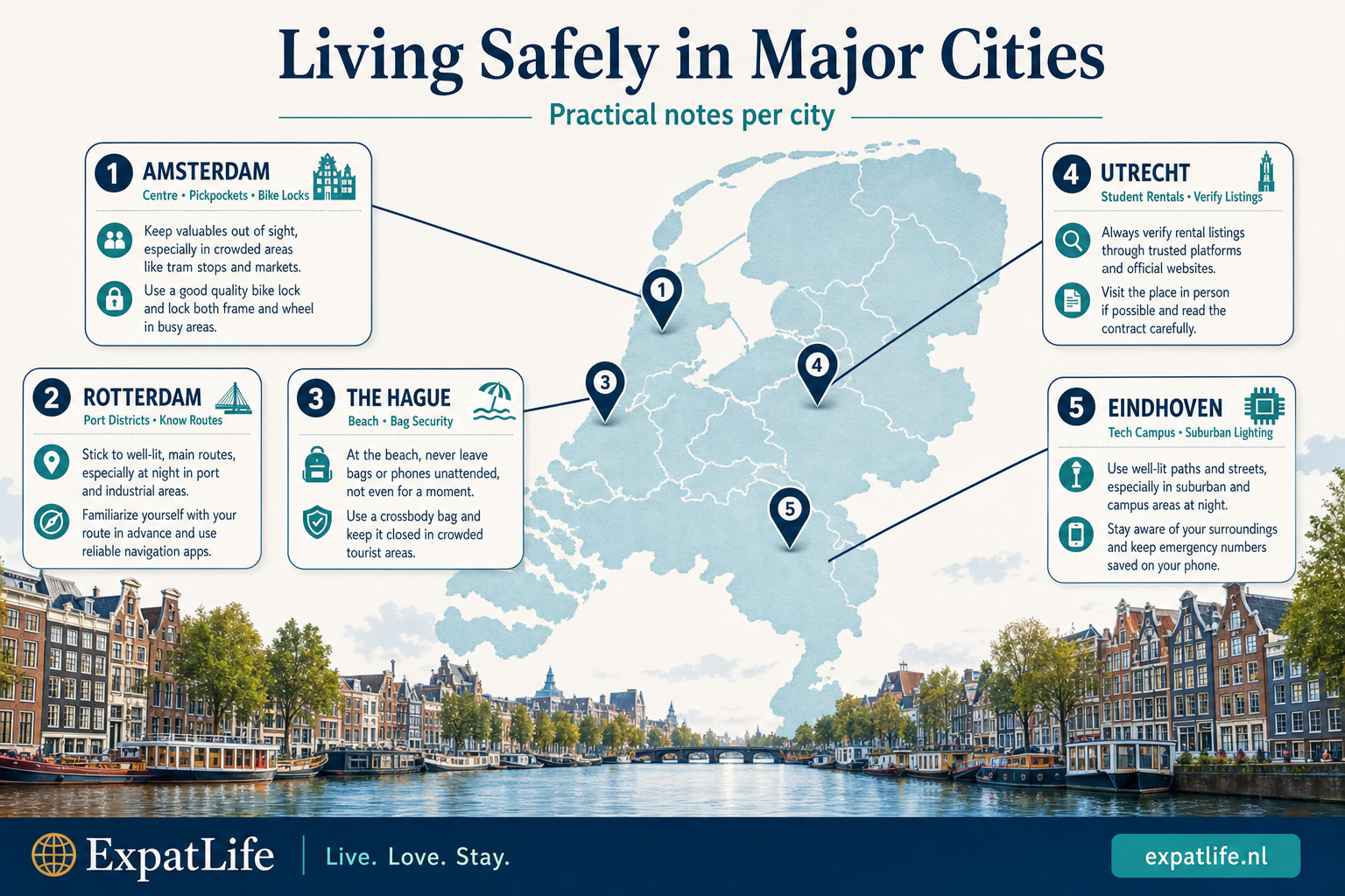 Premium Netherlands map with Amsterdam, Rotterdam, The Hague, Utrecht and Eindhoven safety notes.