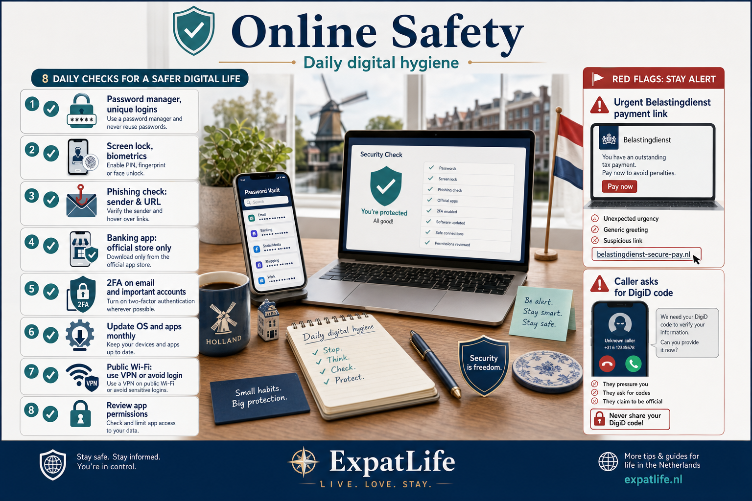 Premium eight-point digital hygiene checklist for passwords, phishing and banking apps.