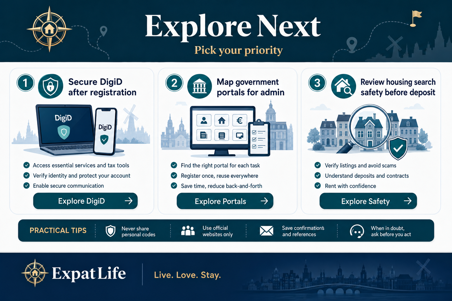 Premium explore-next path for DigiD setup, portal mapping and safe housing search.