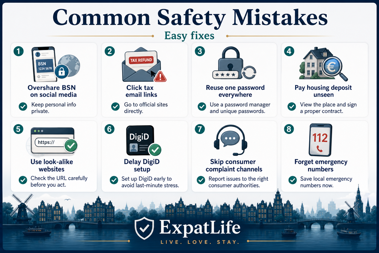 Premium mistake board with eight common expat errors and one-line fixes.