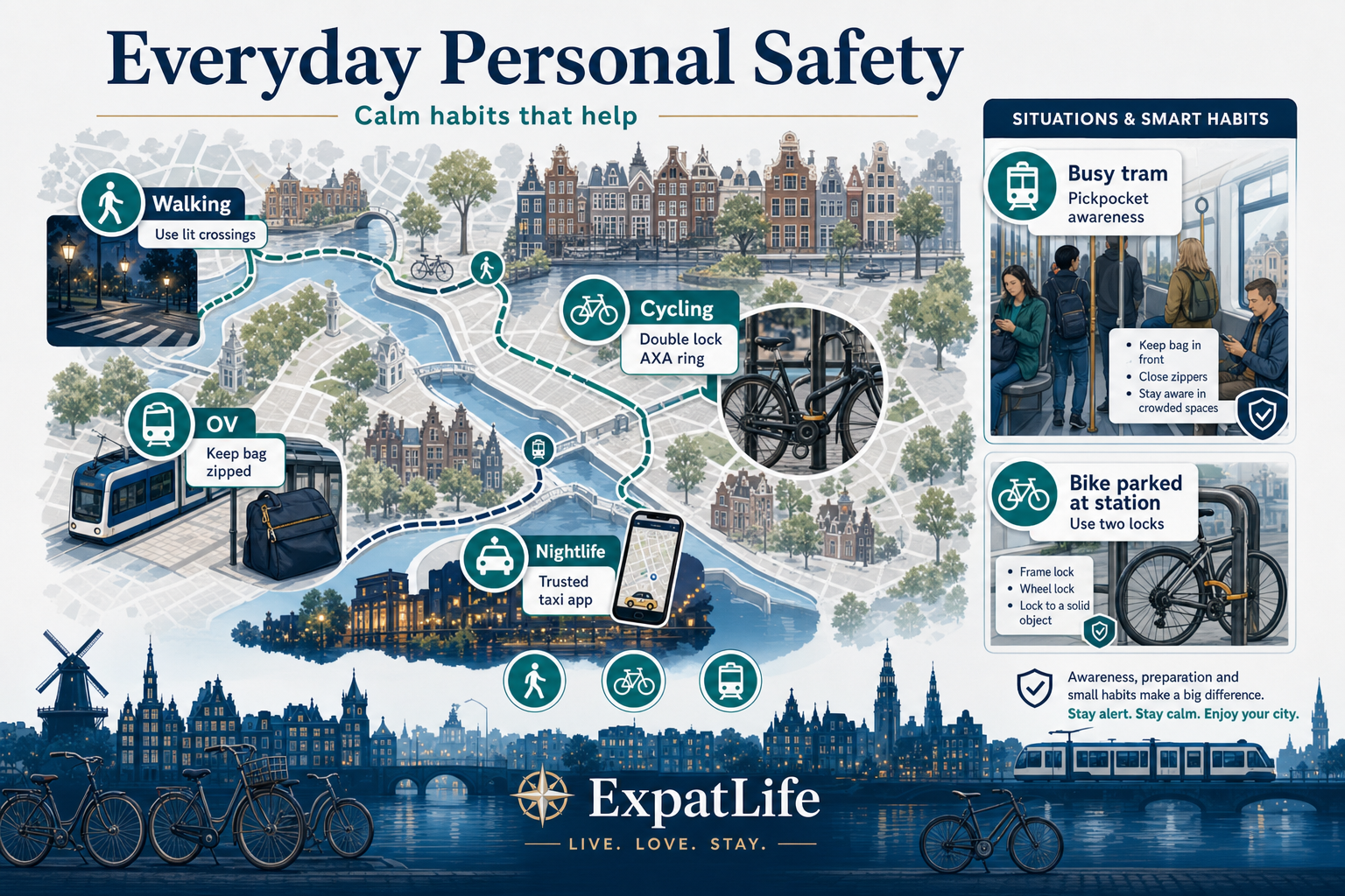 Premium city route map for walking, cycling, OV and nightlife with calm practical habits.