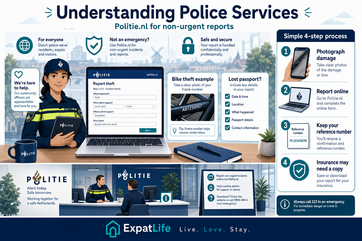 Premium Politie.nl reporting desk scene with bike theft and lost document steps.