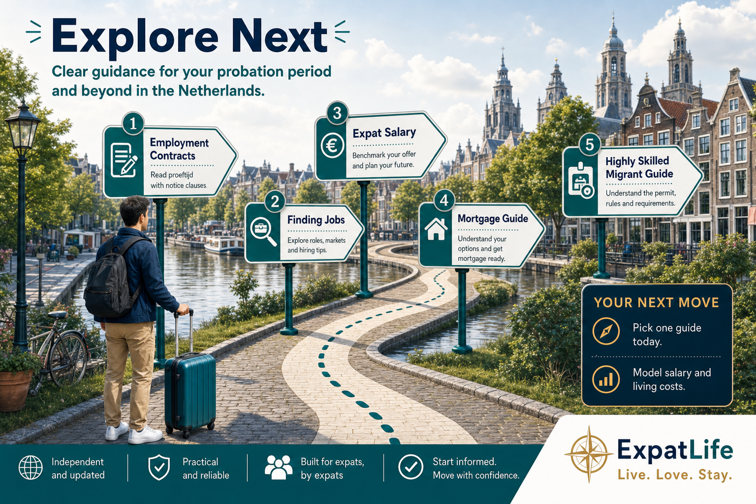 Infographic connecting probation orientation to employment contracts, finding jobs, expat salary, mortgages and highly skilled migrant guides.