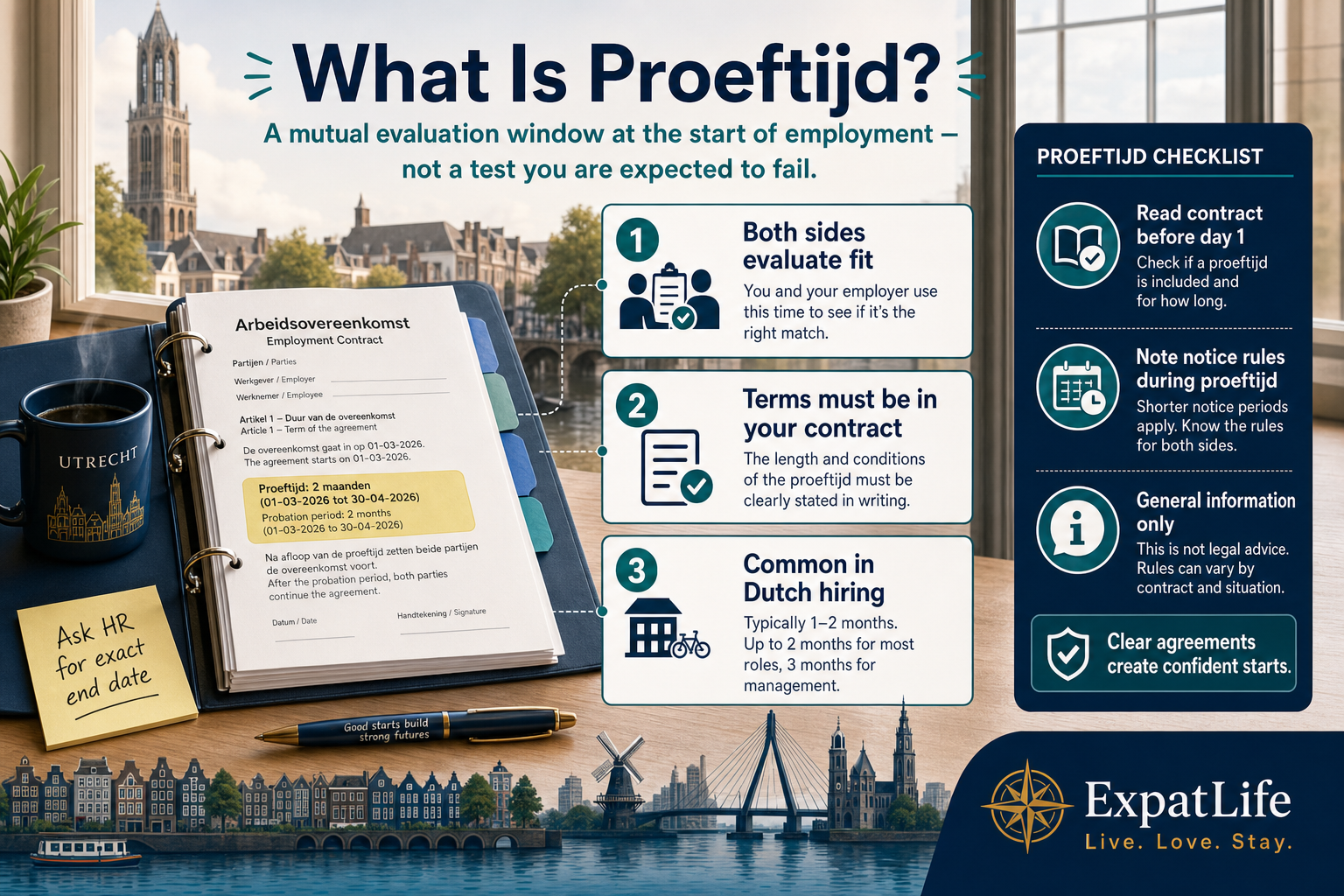 Infographic explaining what a Dutch probation period (proeftijd) is, typical contract placement and first-week actions for expats starting a new role.