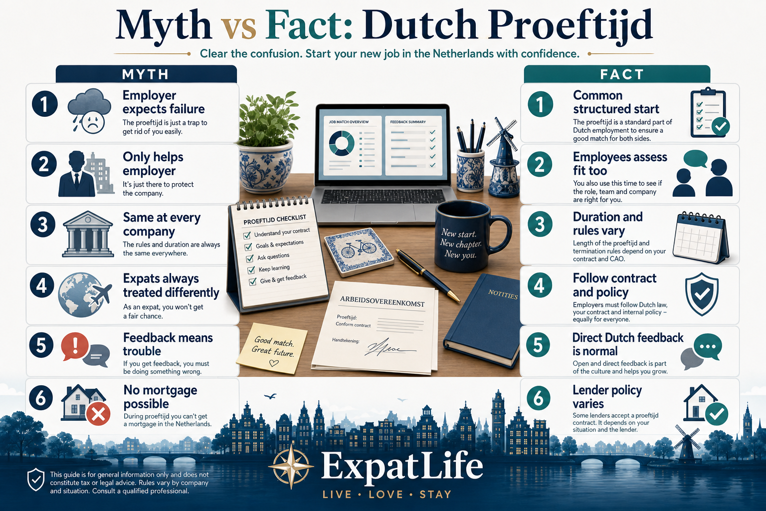 Infographic debunking common myths about Dutch probation periods for expats.