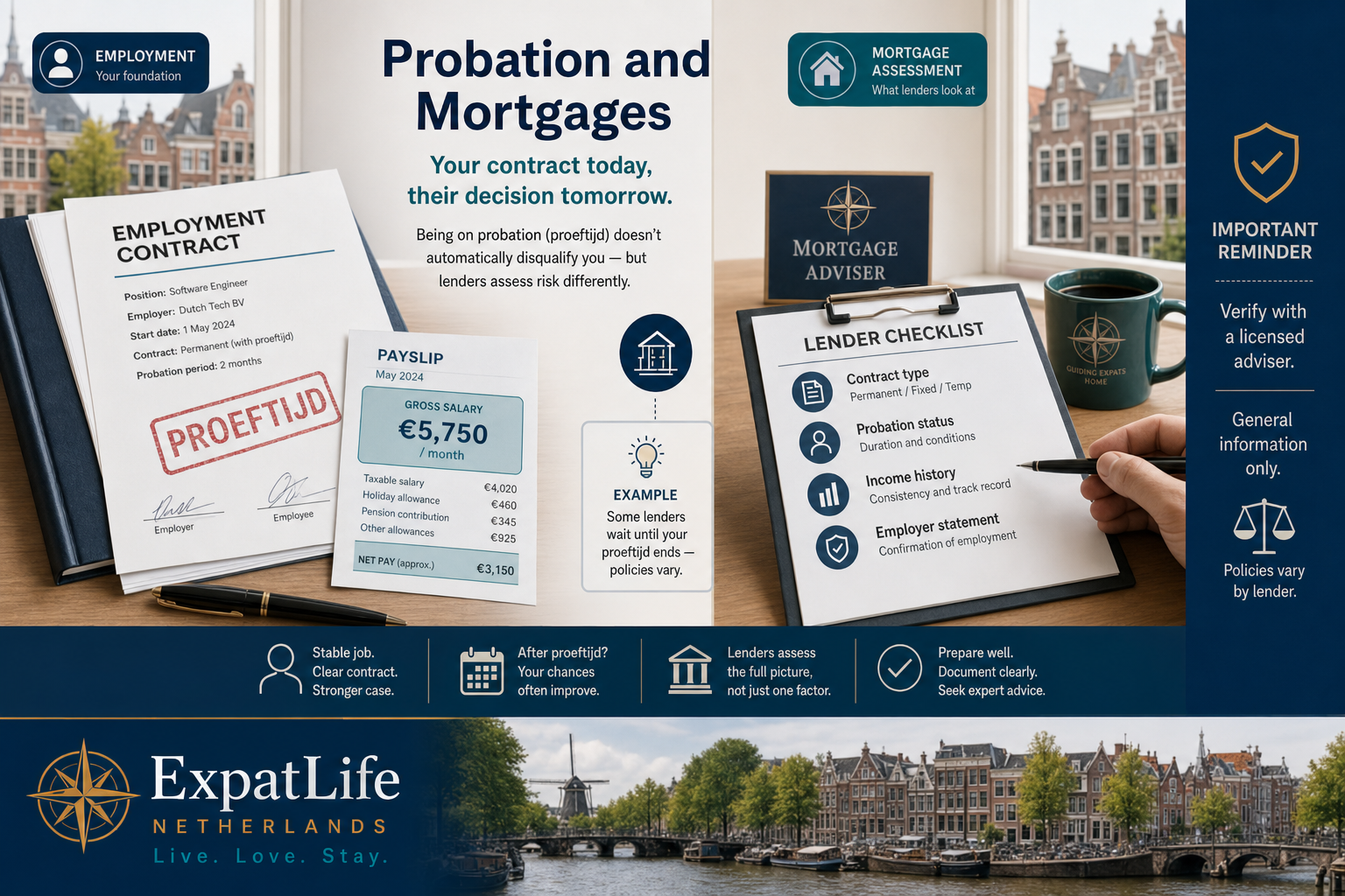 Infographic explaining how probation may affect mortgage conversations for expats regarding income stability and contract type.