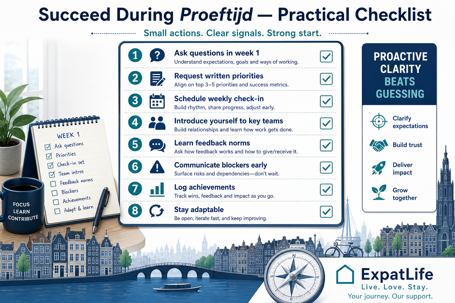 Infographic with practical tips for succeeding during a Dutch probation period as a new employee.