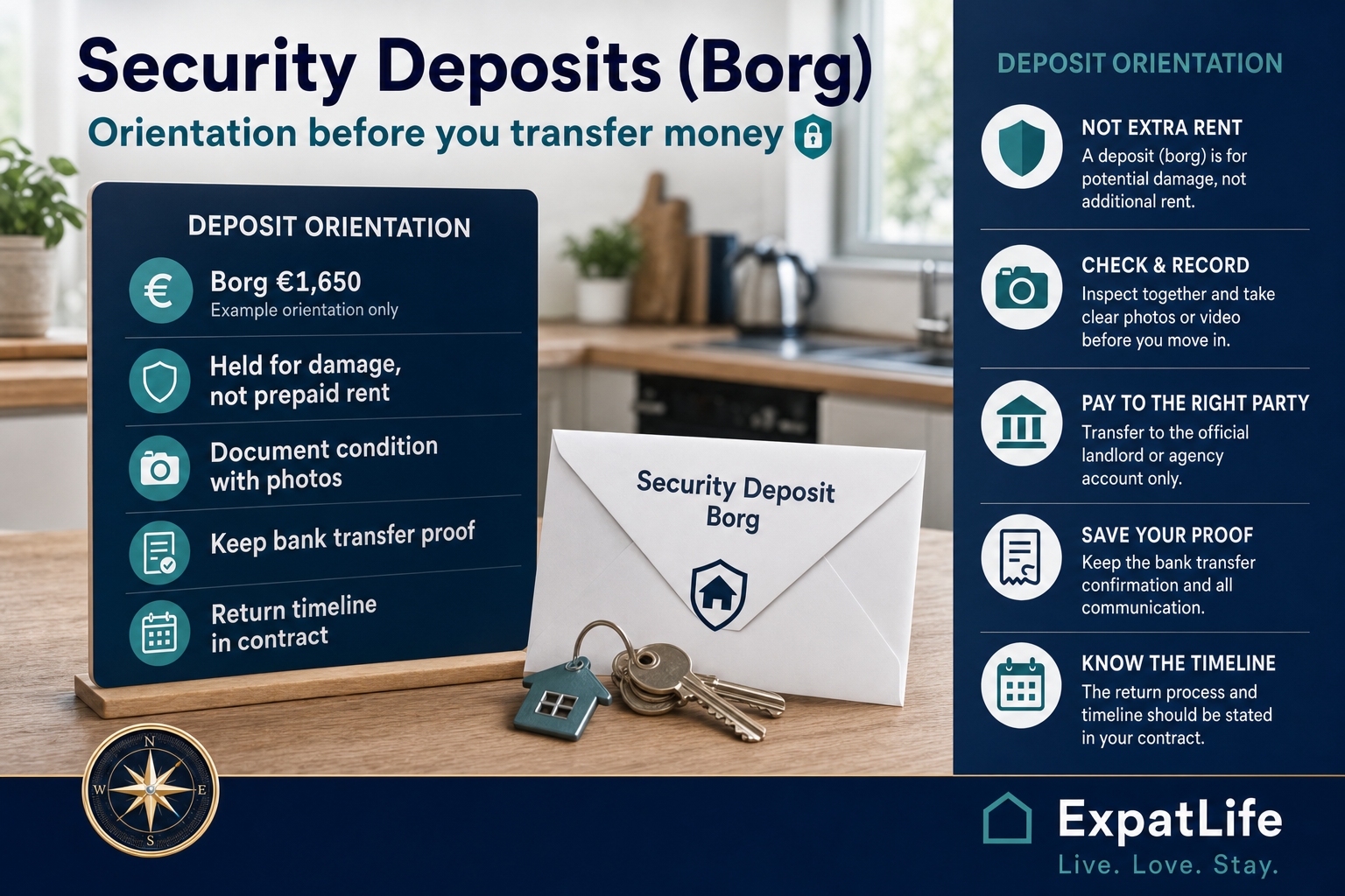 Borg deposit board: €1,650 example, payment proof, move-in photos and return discussion at handover.