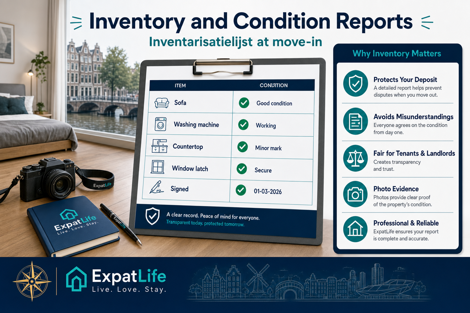 Inventarisatielijst record: sofa, washer, countertop mark, window latch and meter reading 18,452.