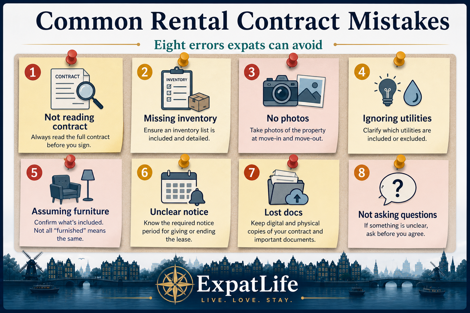 Premium mistake board with eight common expat rental contract errors and practical fixes.