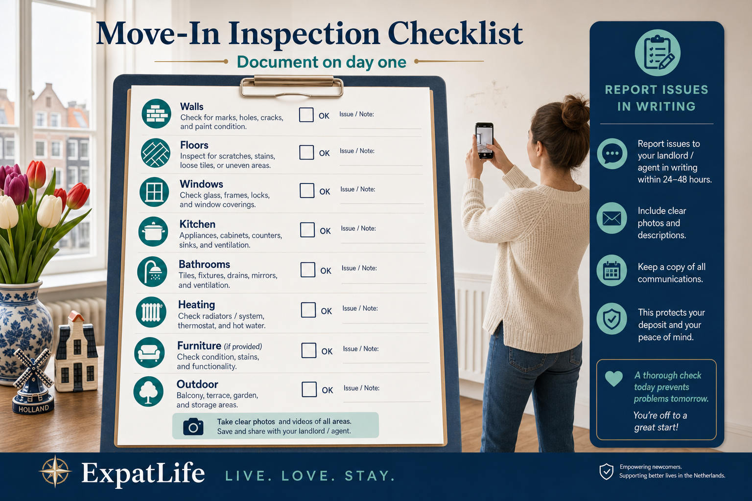 Eight-category move-in checklist with phone camera documenting walls, appliances and meters.