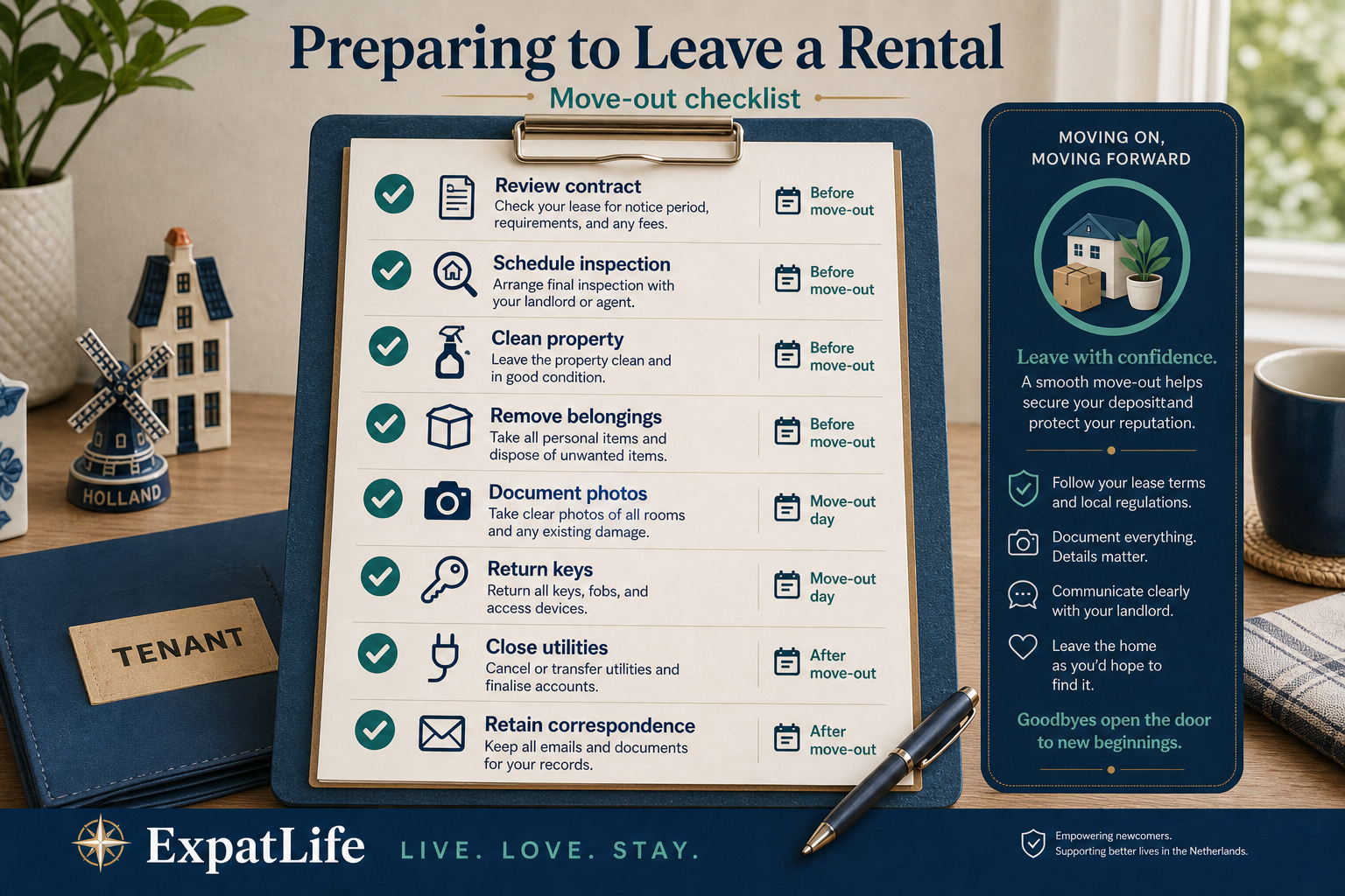 Premium move-out preparation checklist for cleaning, utilities, keys and documentation.