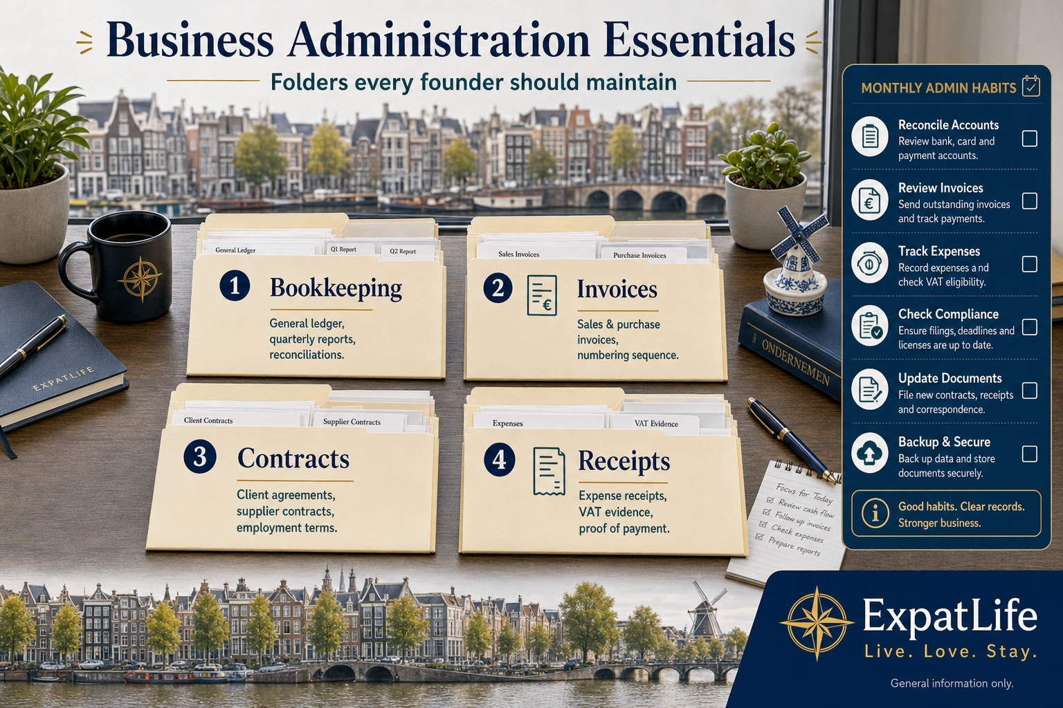 Premium administration workspace on bookkeeping, invoices, contracts, receipts and reporting rhythms for new entrepreneurs.