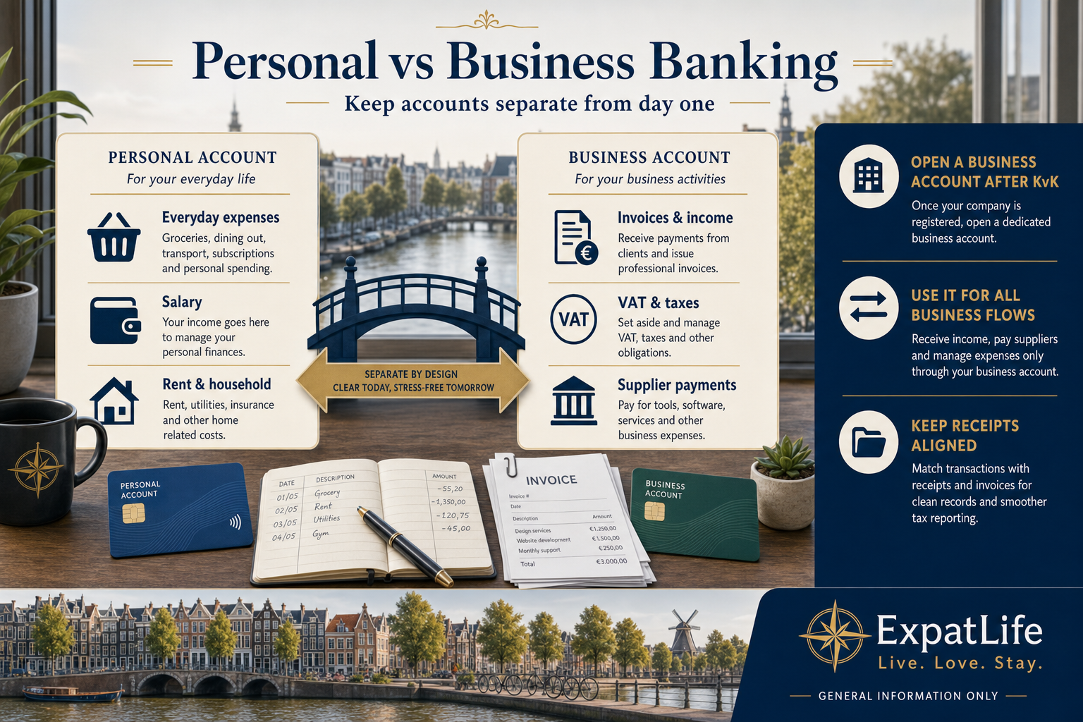 Premium business banking desk scene on separating finances, client payments, bookkeeping integration and professional invoicing.