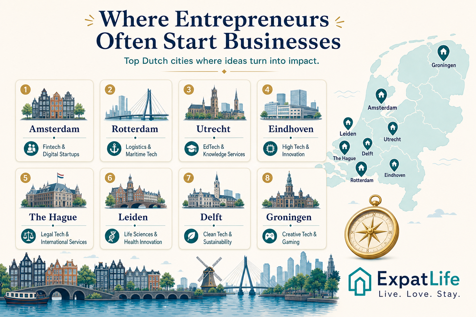 Premium entrepreneur city comparison board with eight Dutch cities — Amsterdam, Rotterdam, Utrecht, Eindhoven, The Hague, Leiden, Delft and Groningen — showing sector strengths.