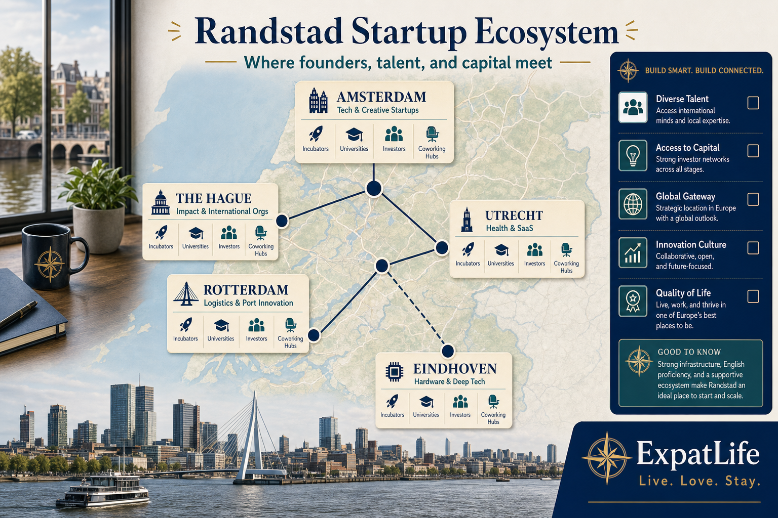 Premium startup ecosystem map across Amsterdam, Rotterdam, Utrecht, Eindhoven and Delft with incubators, accelerators and innovation hubs — orientation only.