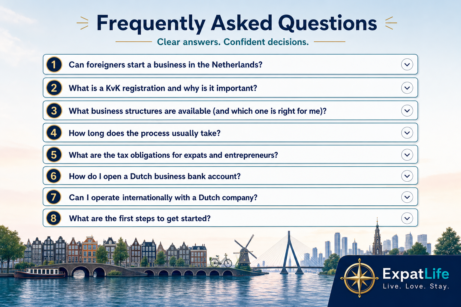 Premium FAQ accordion board with eight starting-a-business questions and short orientation answers on foreigners, KvK, structures, timelines, taxes, banking and first steps.