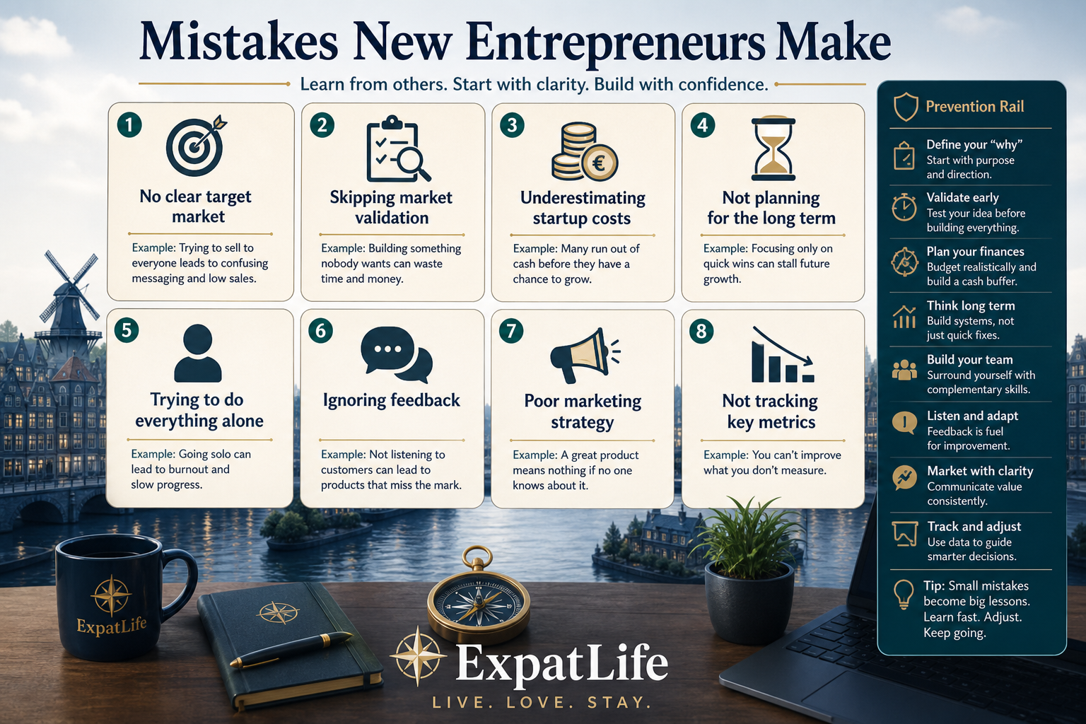 Premium mistake board with eight common new entrepreneur errors — weak admin, tax surprises, no buffer, poor research, overcomplicated structures, missing contracts and DIY overload.